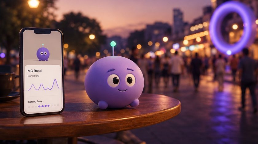 Nabza poster art: a small violet mascot on a café table on a busy street at dusk.
