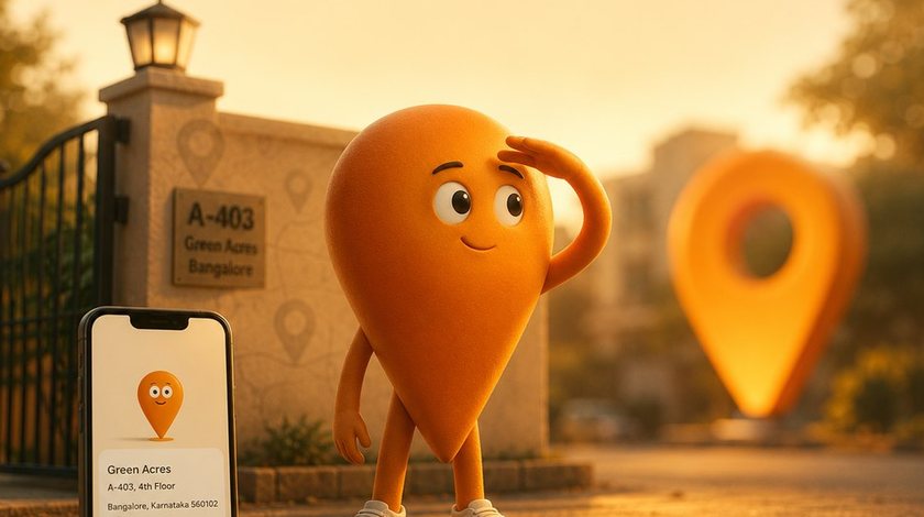 Pinzaa poster art: a map-pin character outside an apartment gate at golden hour.