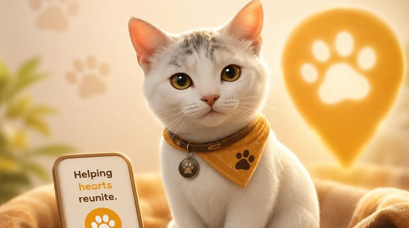 Pugmark poster art: a white cat in an amber bandana beside a glowing paw-print pin.