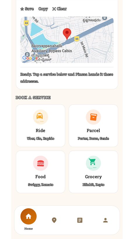 Pinzaa's book a service grid: ride, parcel, food and grocery