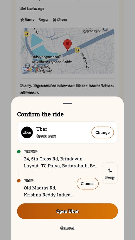 Pinzaa's confirm-the-ride sheet, ready to open Uber