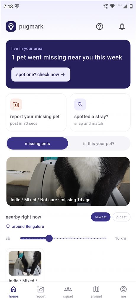 Pugmark's home screen, showing nearby missing pets