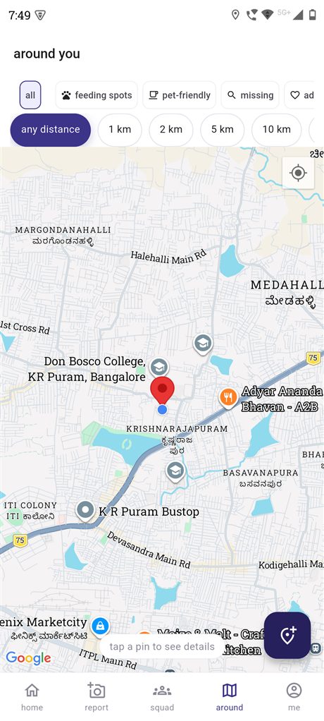 Pugmark's Around You map showing nearby pins